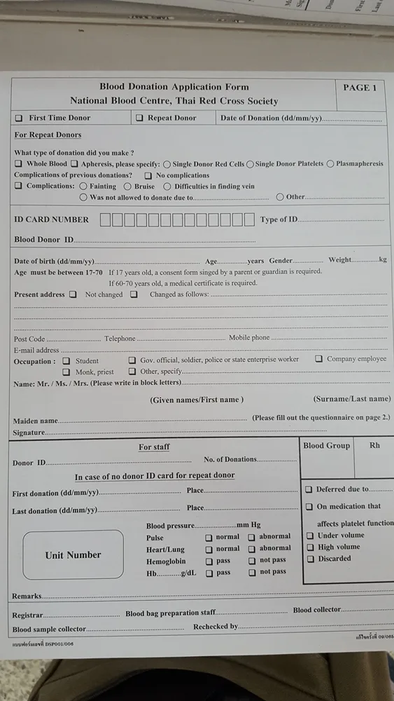 Blood donation registration forms