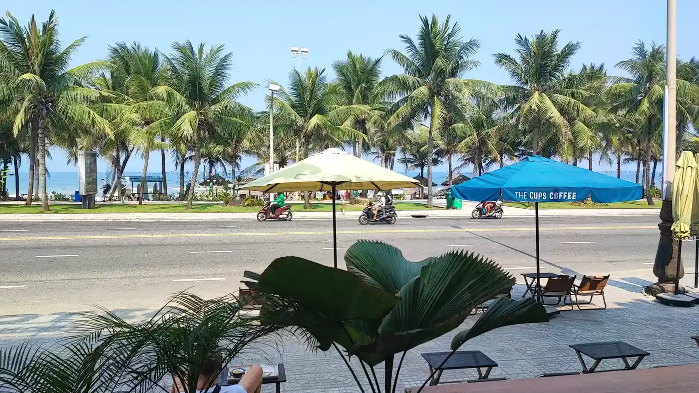 Da Nang My Khe beach promenade with palm trees and coffee shop