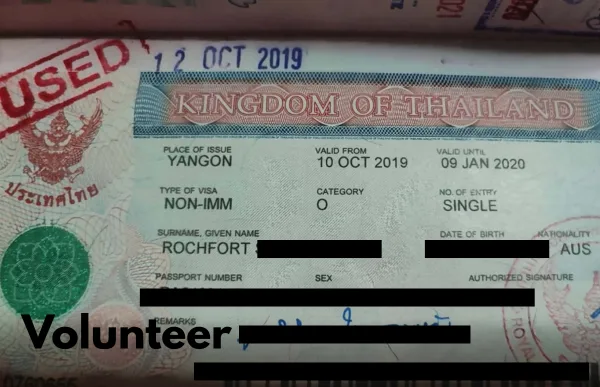 Thai Non-Immigrant O Volunteer visa sticker in passport
